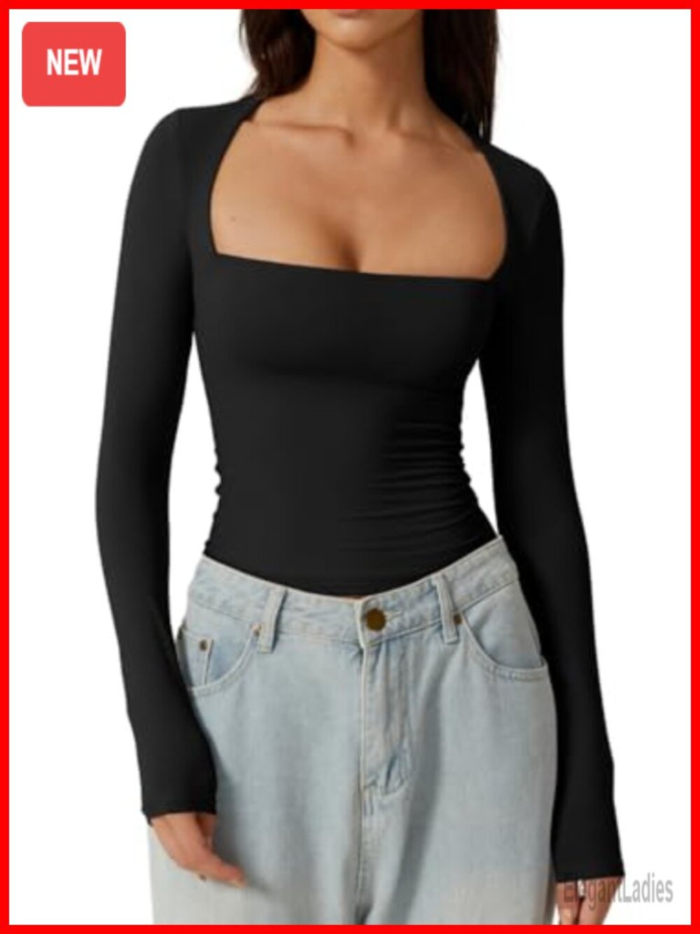Women's Square Neck Long Sleeve Fitted Double Lined Top Going Out Shirt